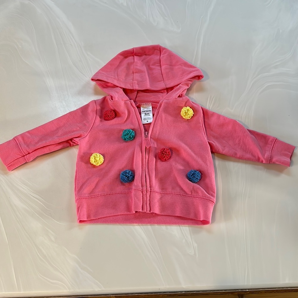 Carters pink hoodie with soft pompom details on front 3mo